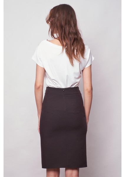 Kadın Yüksek Bel Önden Yırtmaçlı Hafif Likralı Şık Kumaş Diz Altı Ofis Kalem Etek-Siyah modelleri