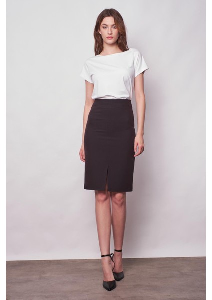 Kadın Yüksek Bel Önden Yırtmaçlı Hafif Likralı Şık Kumaş Diz Altı Ofis Kalem Etek-Siyah fırsatları