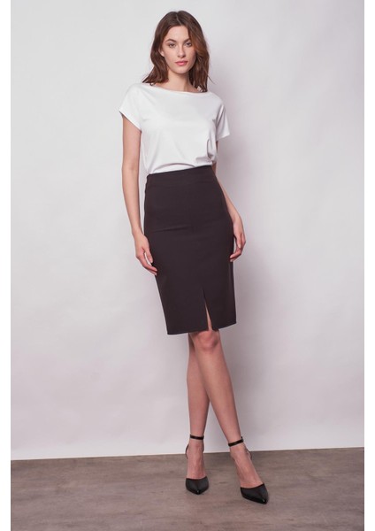 Kadın Yüksek Bel Önden Yırtmaçlı Hafif Likralı Şık Kumaş Diz Altı Ofis Kalem Etek-Siyah indirimleri