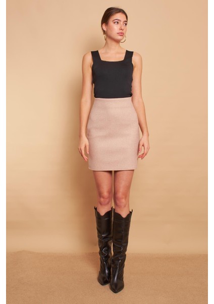 Kadın Hafif Likralı Kışlık Kaşe Yüksek Bel Diz Üstü Hafif Mini Kalem Etek(Boy 47CM)-BEJ