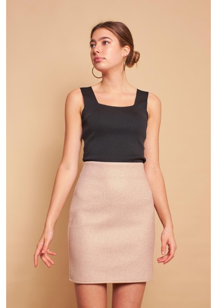 Kadın Hafif Likralı Kışlık Kaşe Yüksek Bel Diz Üstü Hafif Mini Kalem Etek(Boy 47CM)-BEJ modelleri