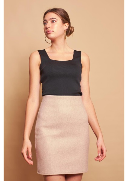 Kadın Hafif Likralı Kışlık Kaşe Yüksek Bel Diz Üstü Hafif Mini Kalem Etek(Boy 47CM)-BEJ fırsatları