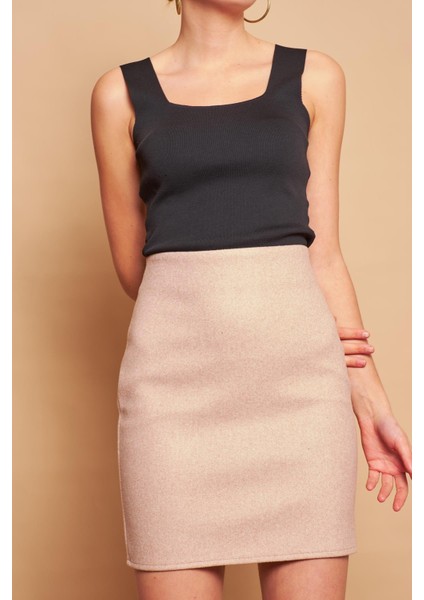 Kadın Hafif Likralı Kışlık Kaşe Yüksek Bel Diz Üstü Hafif Mini Kalem Etek(Boy 47CM)-BEJ indirimleri