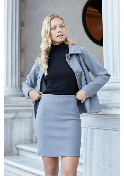 Kadın Hafif Likralı Kışlık Kaşe Yüksek Bel Diz Üstü Hafif Mini Kalem Etek(Boy 47CM)-GRI