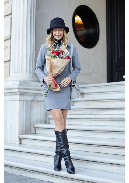 Kadın Hafif Likralı Kışlık Kaşe Yüksek Bel Diz Üstü Hafif Mini Kalem Etek(Boy 47CM)-GRI fırsatları