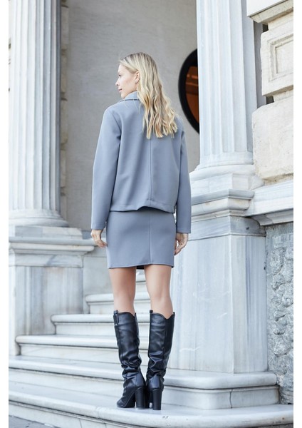 Kadın Hafif Likralı Kışlık Kaşe Yüksek Bel Diz Üstü Hafif Mini Kalem Etek(Boy 47CM)-GRI indirimleri