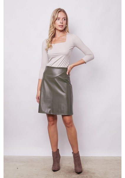 Kadın Hafif Likralı Deri Yüksek Bel Diz Boy Çan Etek-Haki fiyatları