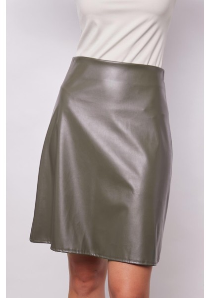 Kadın Hafif Likralı Deri Yüksek Bel Diz Boy Çan Etek-Haki indirimleri