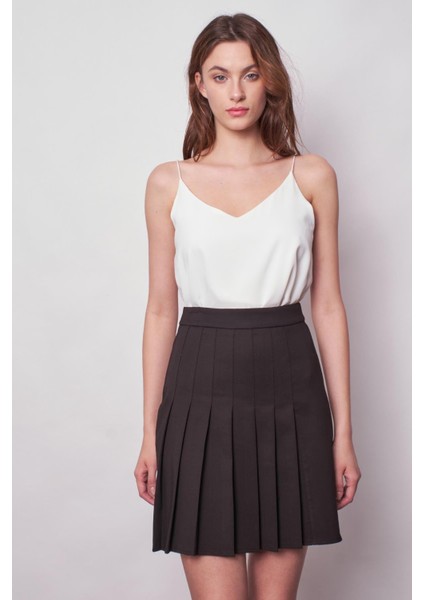 Kadın Yüksek Bel Pileli Hafif Likralı Şık Kumaş Diz Boy Çan Etek-Siyah