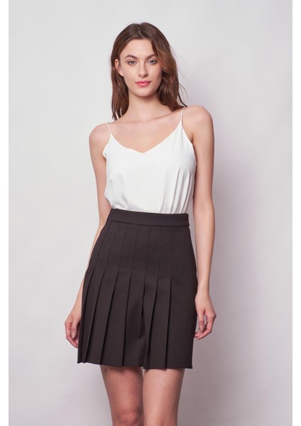 Kadın Yüksek Bel Pileli Hafif Likralı Şık Kumaş Diz Boy Çan Etek-Siyah