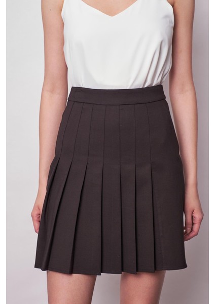 Kadın Yüksek Bel Pileli Hafif Likralı Şık Kumaş Diz Boy Çan Etek-Siyah