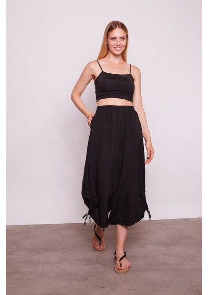 Iç Göstermez Viskon Poplin Yüksek Bel Bol Paça Büzgülü Pantolon -Siyah