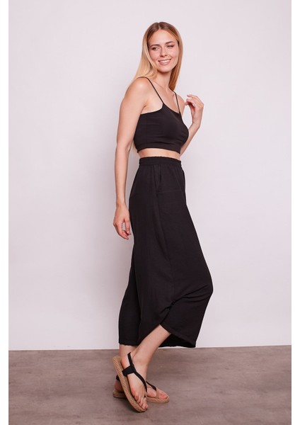 Iç Göstermez Viskon Poplin Yüksek Bel Bol Paça Büzgülü Pantolon -Siyah