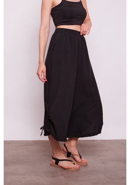 Iç Göstermez Viskon Poplin Yüksek Bel Bol Paça Büzgülü Pantolon -Siyah