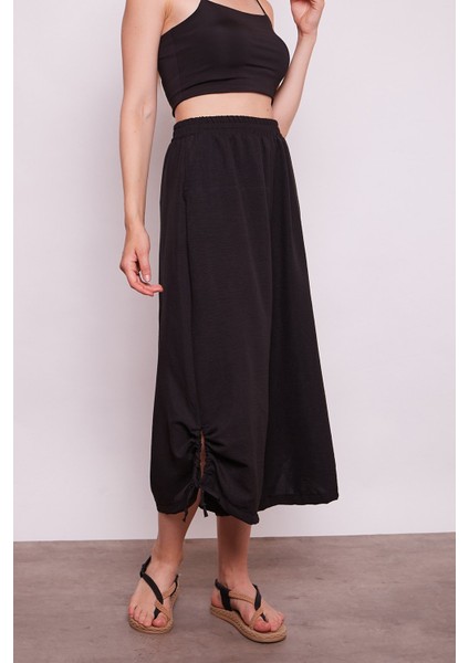 Iç Göstermez Viskon Poplin Yüksek Bel Bol Paça Büzgülü Pantolon -Siyah
