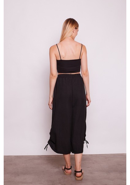 Iç Göstermez Viskon Poplin Yüksek Bel Bol Paça Büzgülü Pantolon -Siyah