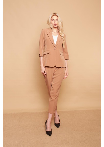 Yüksek Bel Pileli Cepli Boyfriend Hafif Likralı Kumaş Pantolon-Camel