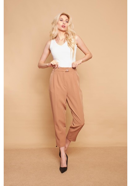 Yüksek Bel Pileli Cepli Boyfriend Hafif Likralı Kumaş Pantolon-Camel fiyatları