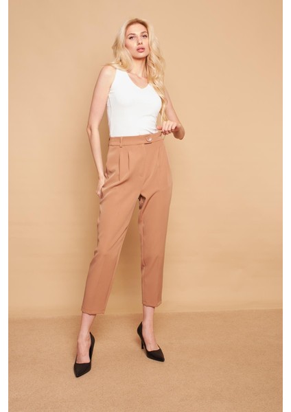 Yüksek Bel Pileli Cepli Boyfriend Hafif Likralı Kumaş Pantolon-Camel modelleri