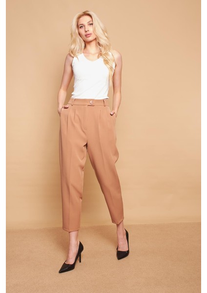Yüksek Bel Pileli Cepli Boyfriend Hafif Likralı Kumaş Pantolon-Camel fırsatları
