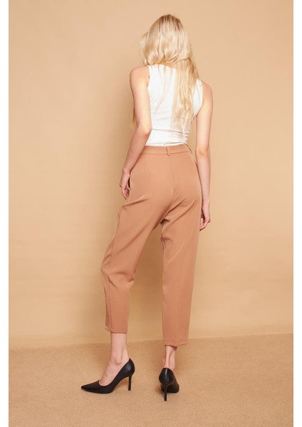 Yüksek Bel Pileli Cepli Boyfriend Hafif Likralı Kumaş Pantolon-Camel indirimleri