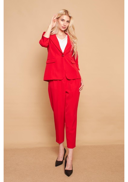 Yüksek Bel Pileli Cepli Boyfriend Hafif Likralı Kumaş Pantolon-Kırmızı