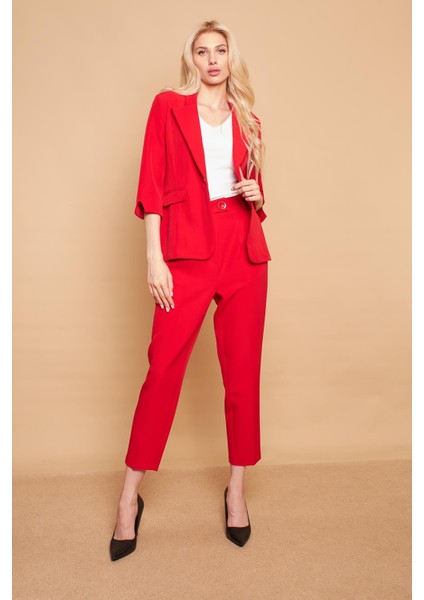 Yüksek Bel Pileli Cepli Boyfriend Hafif Likralı Kumaş Pantolon-Kırmızı fiyatları