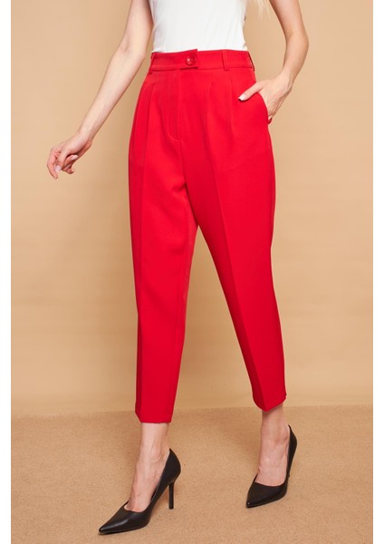 Yüksek Bel Pileli Cepli Boyfriend Hafif Likralı Kumaş Pantolon-Kırmızı fırsatları