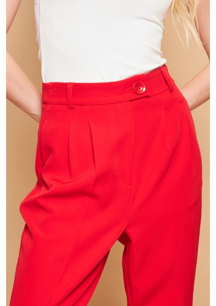 Yüksek Bel Pileli Cepli Boyfriend Hafif Likralı Kumaş Pantolon-Kırmızı indirimleri