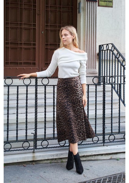 Kadın Hafif Kalın Kumaş Yüksek Bel Midi Boy Dizaltı Çan Etek-Leopar fiyatları