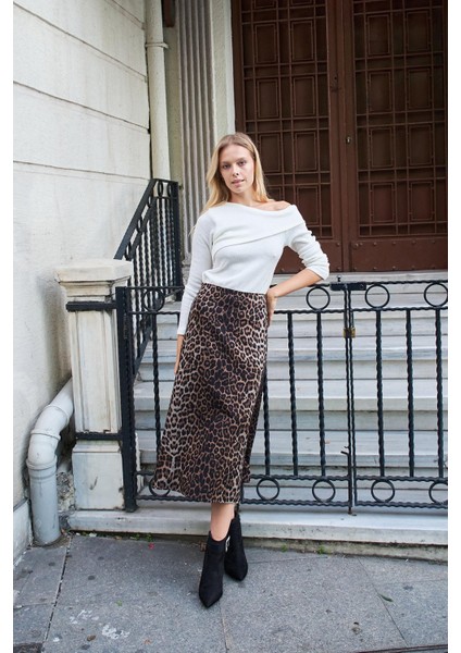 Kadın Hafif Kalın Kumaş Yüksek Bel Midi Boy Dizaltı Çan Etek-Leopar modelleri