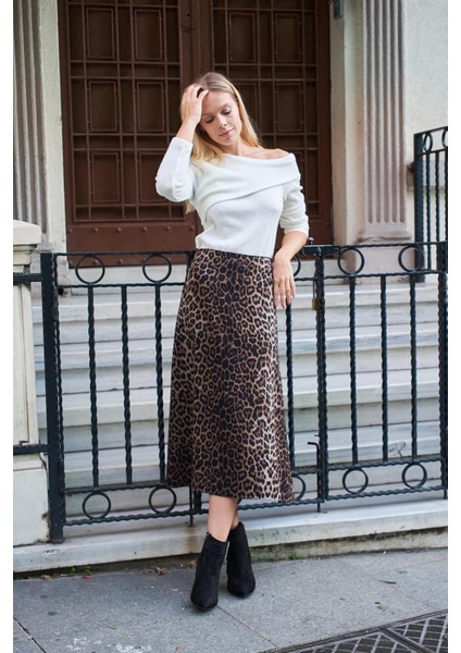 Kadın Hafif Kalın Kumaş Yüksek Bel Midi Boy Dizaltı Çan Etek-Leopar fırsatları