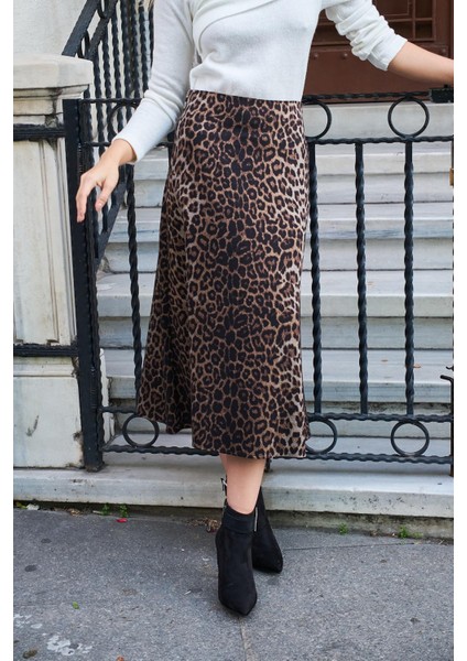 Kadın Hafif Kalın Kumaş Yüksek Bel Midi Boy Dizaltı Çan Etek-Leopar indirimleri