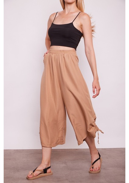 Iç Göstermez Viskon Poplin Yüksek Bel Bol Paça Büzgülü Pantolon -Camel modelleri