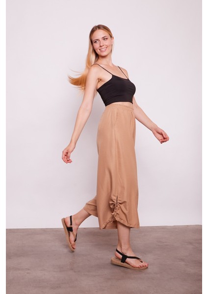 Iç Göstermez Viskon Poplin Yüksek Bel Bol Paça Büzgülü Pantolon -Camel fırsatları