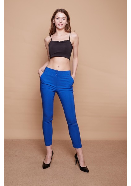 Yüksek Bel Kalın Kemerli Cepli Dar Paça Bilek Boy Pamuklu Likralı Kumaş Pantolon-Saks