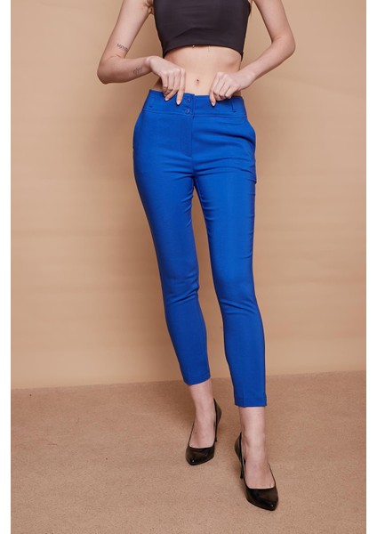 Yüksek Bel Kalın Kemerli Cepli Dar Paça Bilek Boy Pamuklu Likralı Kumaş Pantolon-Saks fiyatları