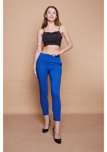 Yüksek Bel Kalın Kemerli Cepli Dar Paça Bilek Boy Pamuklu Likralı Kumaş Pantolon-Saks modelleri