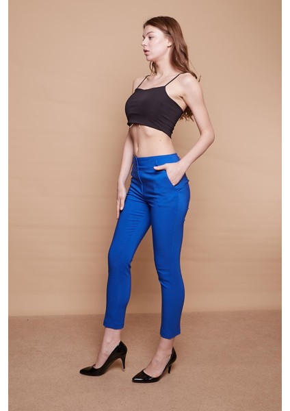 Yüksek Bel Kalın Kemerli Cepli Dar Paça Bilek Boy Pamuklu Likralı Kumaş Pantolon-Saks indirimleri