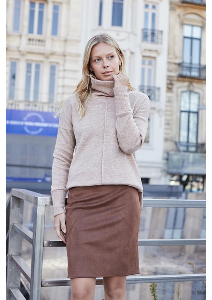 Kadın Hafif Likralı Süet Kumaş Yüksek Bel Diz Üstü Kalem Etek-Taba fiyatları