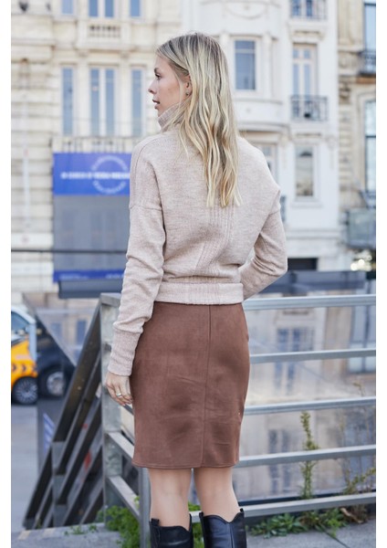 Kadın Hafif Likralı Süet Kumaş Yüksek Bel Diz Üstü Kalem Etek-Taba modelleri