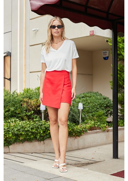 Kadın Pamuklu Hafif Likralı Kalın Kumaş Yüksek Bel Ara Boy Şort Etek-Kırmızı