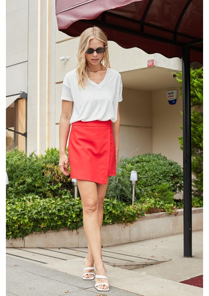 Kadın Pamuklu Hafif Likralı Kalın Kumaş Yüksek Bel Ara Boy Şort Etek-Kırmızı fiyatları