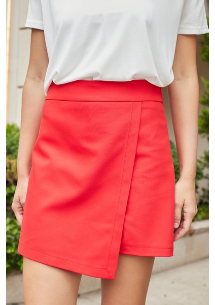 Kadın Pamuklu Hafif Likralı Kalın Kumaş Yüksek Bel Ara Boy Şort Etek-Kırmızı modelleri