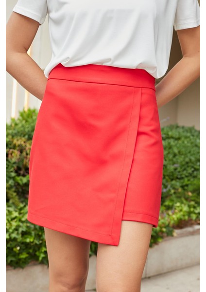 Kadın Pamuklu Hafif Likralı Kalın Kumaş Yüksek Bel Ara Boy Şort Etek-Kırmızı fırsatları