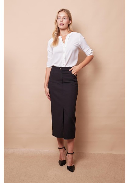 Kadın Hafif Likralı Kalın Kumaş Diz Altı Yırtmaçlı Yüksek Bel Uzun Cepli Düğmeli Kalem Etek-Siyah