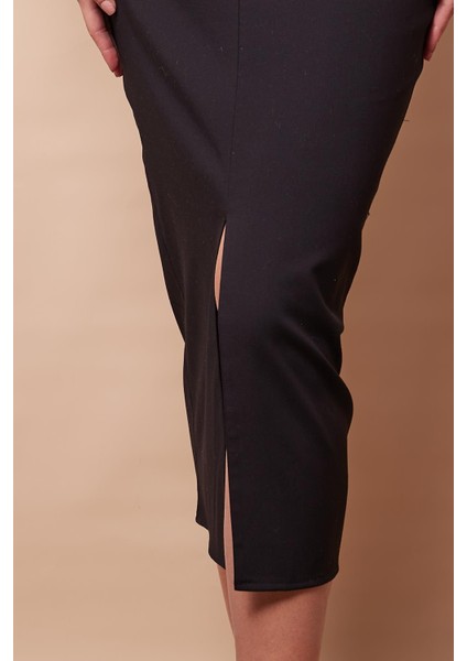 Kadın Hafif Likralı Kalın Kumaş Diz Altı Yırtmaçlı Yüksek Bel Uzun Cepli Düğmeli Kalem Etek-Siyah