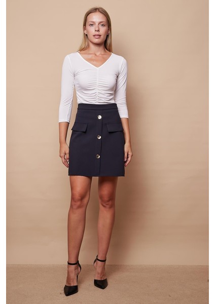 Kadın Diz Üstü Yüksek Bel Önü Düğmeli Cep Kapaklı Hafif Likralı Kumaş Çan Etek-Lacivert fırsatları