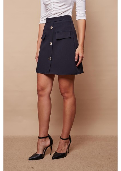 Kadın Diz Üstü Yüksek Bel Önü Düğmeli Cep Kapaklı Hafif Likralı Kumaş Çan Etek-Lacivert indirimleri