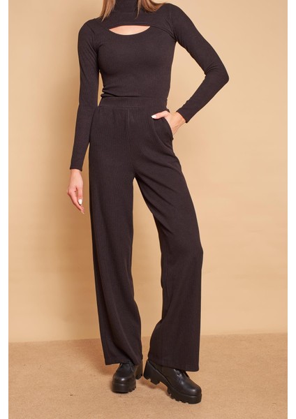 Yüksek Bel Yan Cepli Yürüyüş Triko Pantolon-Siyah modelleri
